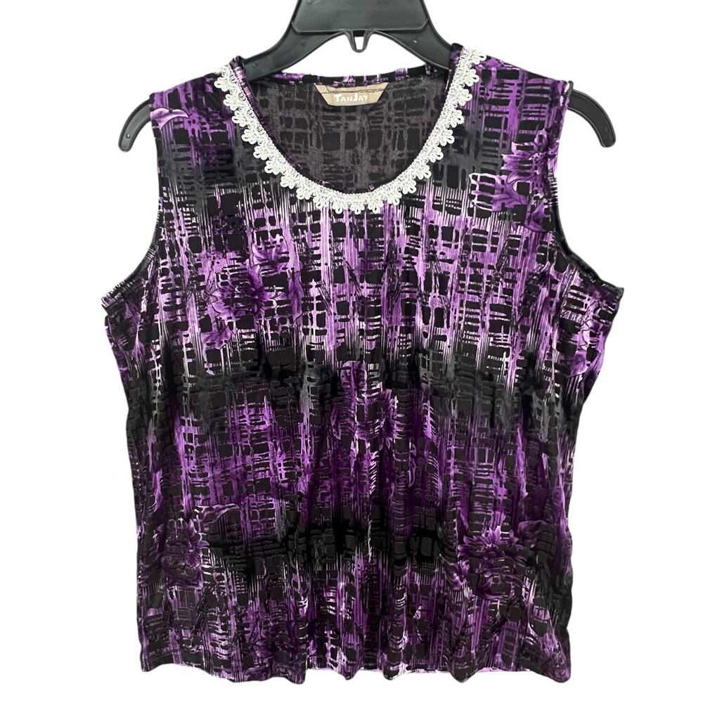 Tan Jay Velvet Burnout Tank Top Womens M Purple Black Lace Whimsygoth Vintage - Picture 2 of 13